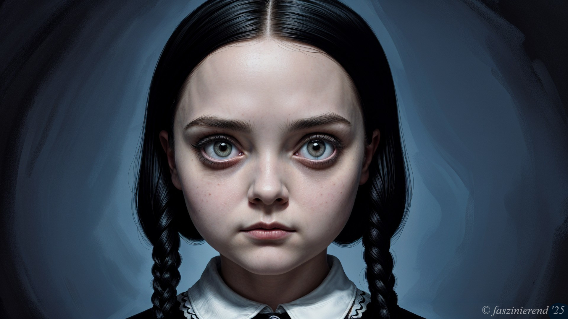 Young girl with pale skin and blue eyes in dark attire