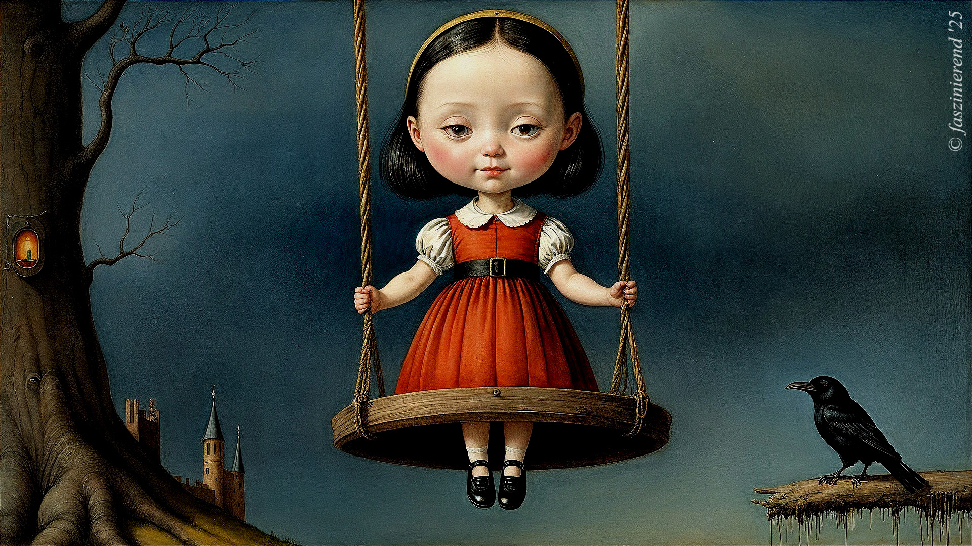 Young girl in red dress on swing with eerie backdrop