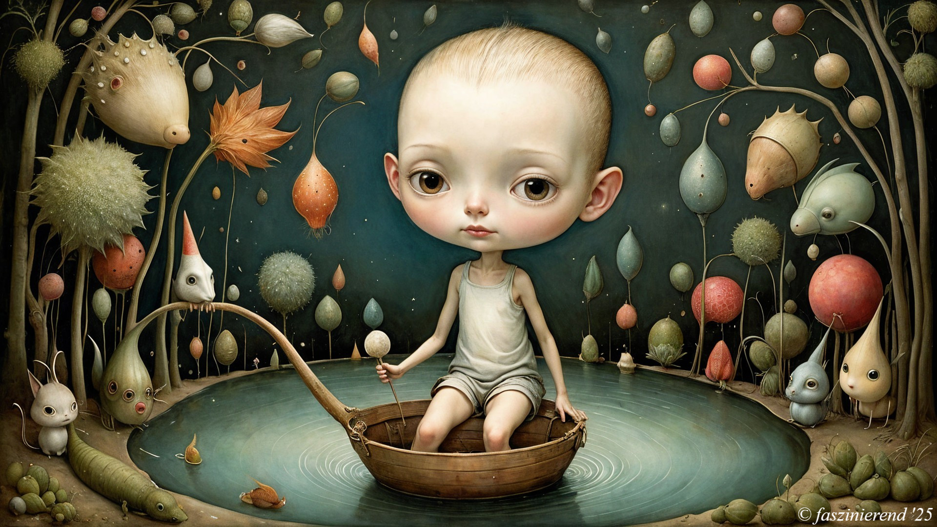 Child in a boat on a tranquil pond with fantasy elements