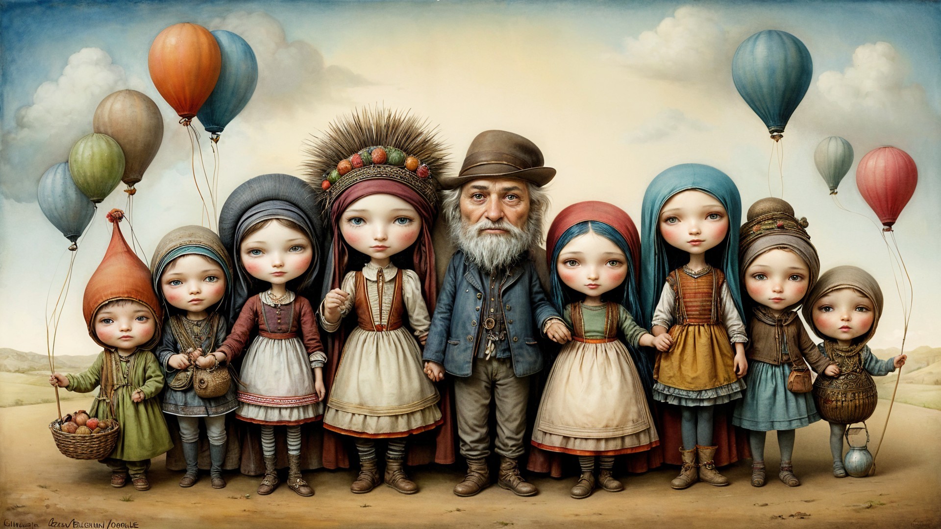 Whimsical Gathering of Children and Elderly Man Under Sky