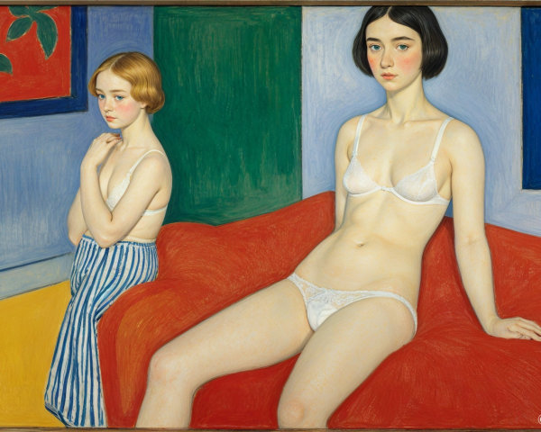 Interior Scene with Two Figures and Colorful Background