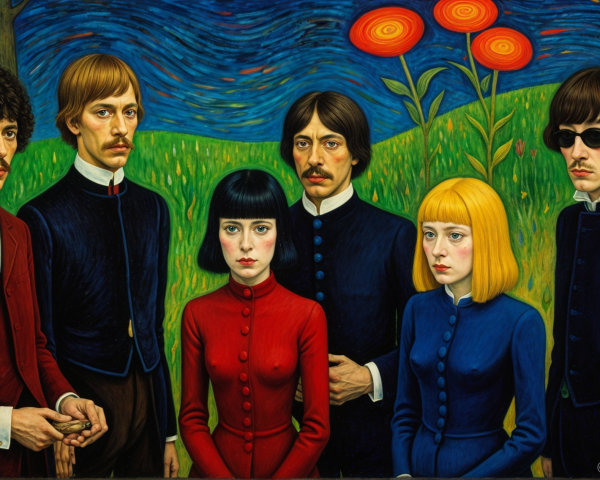 Surreal Painting of Six Individuals in Bold Colors