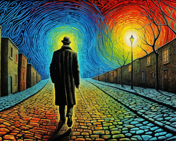 Solitary Figure on Vibrant Cobblestone Street Scene