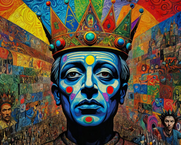 Portrait of a king with ornate crown and vibrant colors