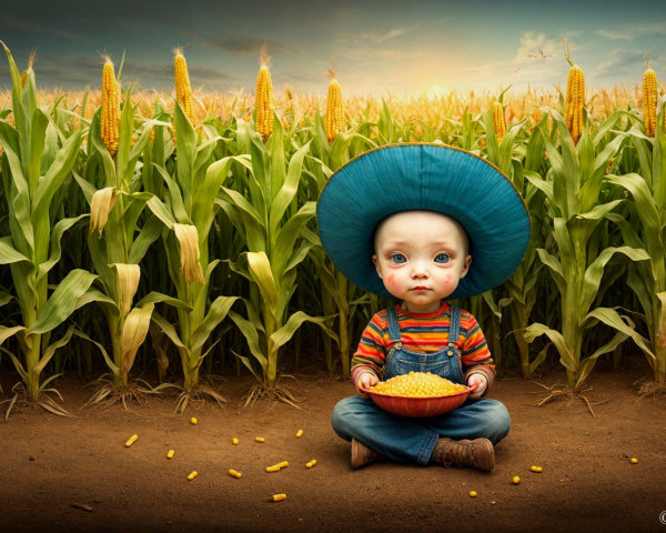 Child in Cornfield with Bowl of Corn Kernels