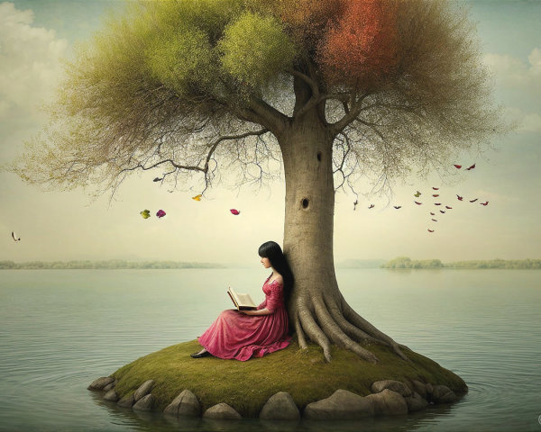 Young Woman Reading Under Autumn Tree by Water