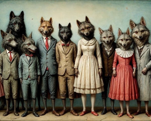 Anthropomorphic wolves in formal attire gathering scene