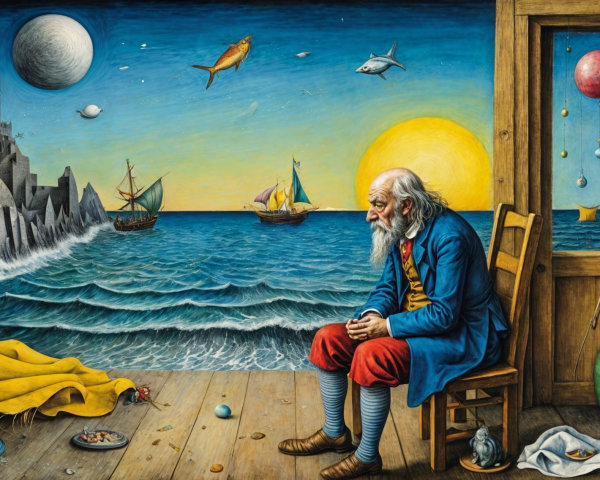 Elderly Man in Wooden Chair Overlooking Vibrant Seascape