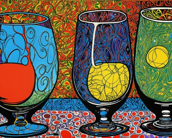 Stylized Glasses with Colorful Liquids on Abstract Background