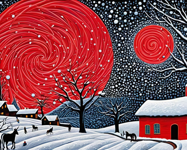 Folk Art Winter Wonderland with Spiral Moons and Snow