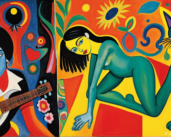 Vibrant Artwork of Woman with Guitar and Green Figure