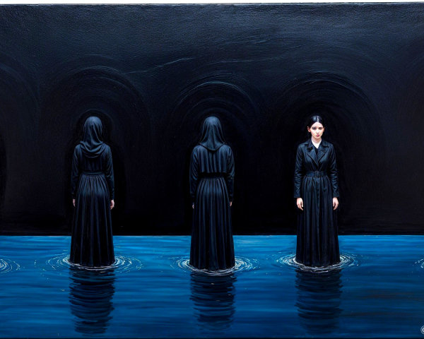 Five Women in Black Garments in Shallow Water