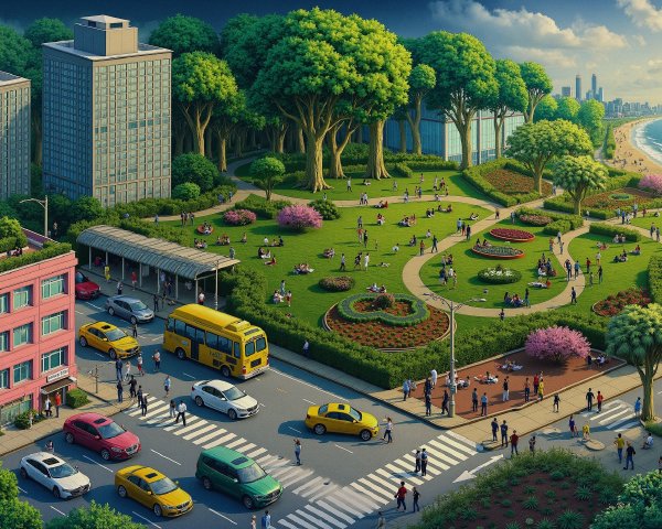Vibrant city park with lush trees and busy skyline