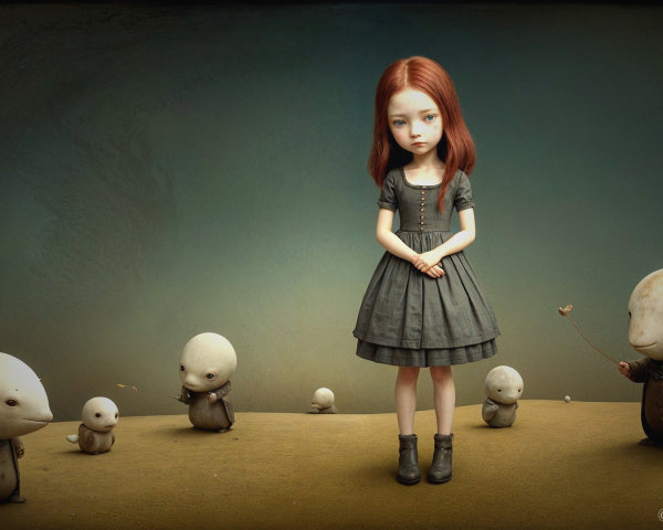 Young girl in gray dress with whimsical creatures
