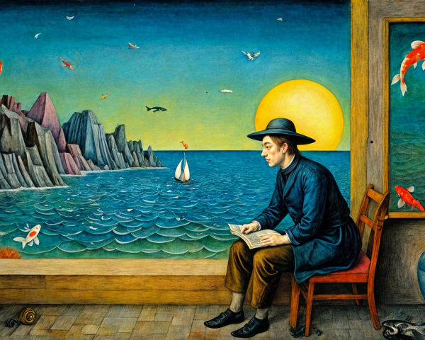 Man Reading in Front of Colorful Seascape and Castle