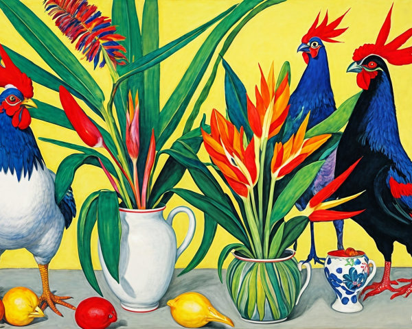 Vibrant Still Life with Roosters and Tropical Plants