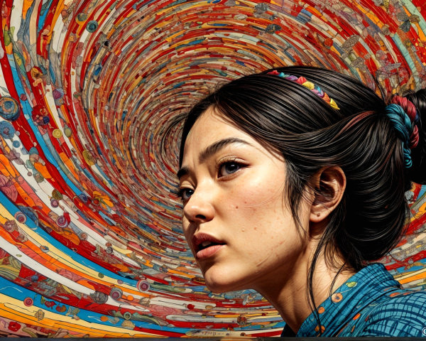 Young woman with serene expression in vibrant background