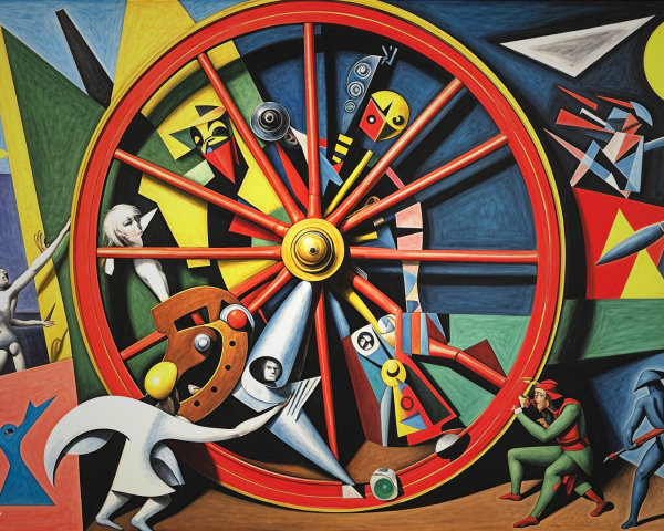 Abstract Composition with Red Wheel and Geometric Shapes