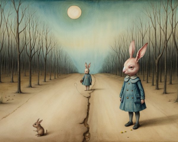 Surreal Twilight Landscape with Rabbit-Headed Figures