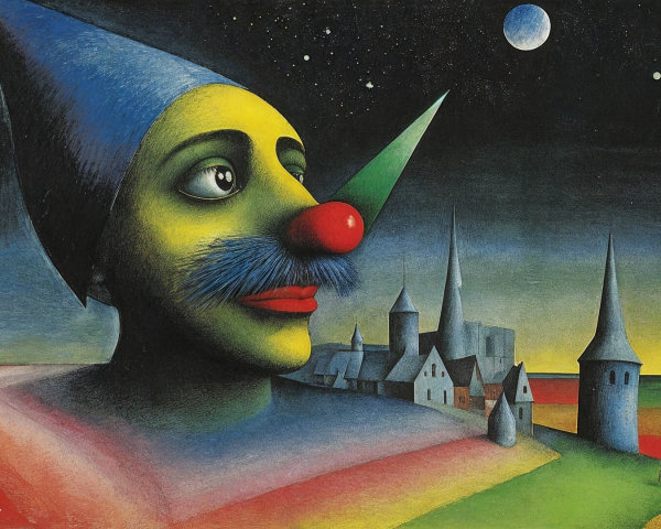 Surreal Landscape with Giant Clown Face and Village