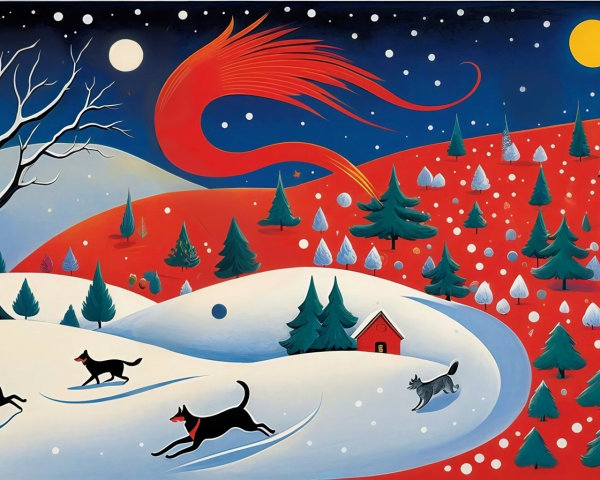 Whimsical Winter Landscape Illustration at Night