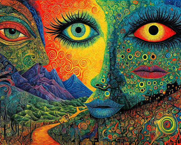 Surreal Artwork with Stylized Faces and Vivid Colors