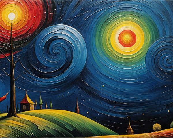 Vibrant Night Scene with Celestial Bodies and Hills