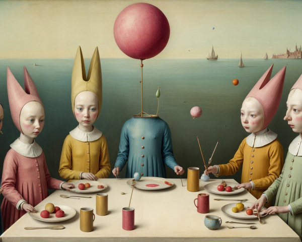 Surreal Dinner Scene with Children and Headless Figure
