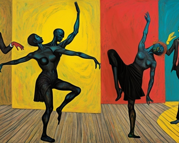 Abstract Dance Scene with Blue Figures and Onlookers