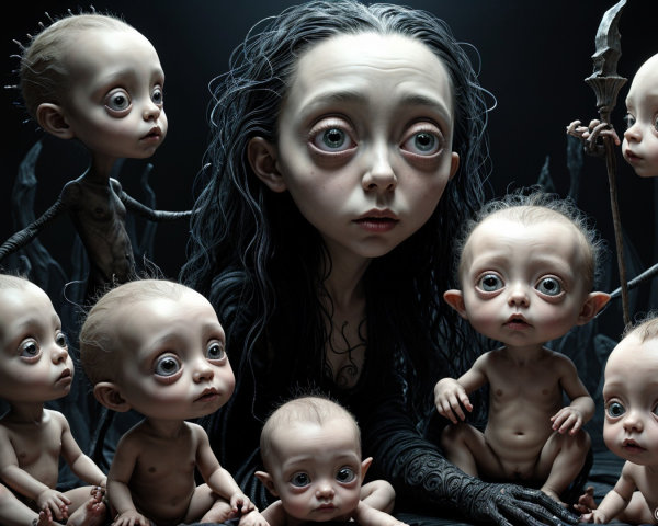 Surreal Scene with Expressive Eyes and Eerie Infants
