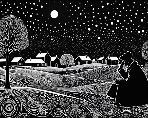 Black and white woodcut of a contemplative figure at night