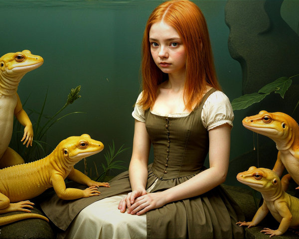 Young girl with red hair in serene underwater scene