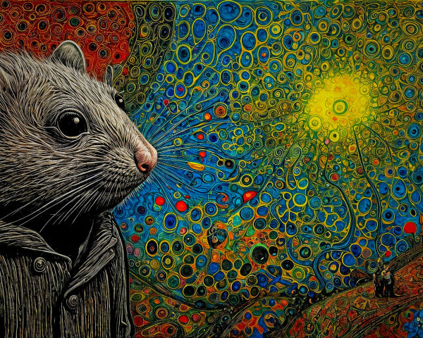 Mouse in Black Hoodie Against Abstract Background