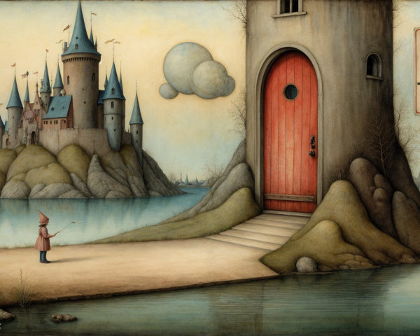 Whimsical Landscape with Child Fishing and Castle