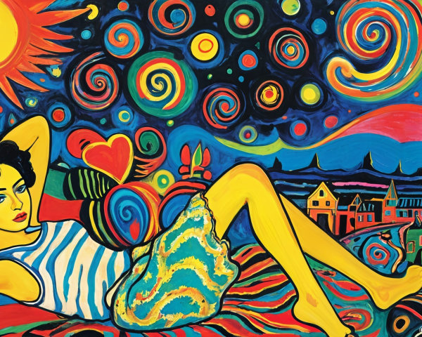 Whimsical Painting of a Woman in Vibrant Colors