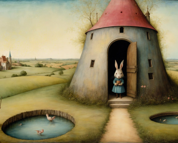Whimsical Rabbits in a Serene Countryside Setting