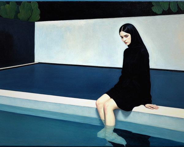 Figure in Black Dress by Tranquil Pool with Greenery