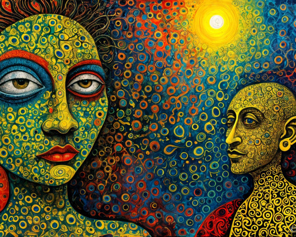 Vibrant Abstract Painting with Stylized Figures and Sun