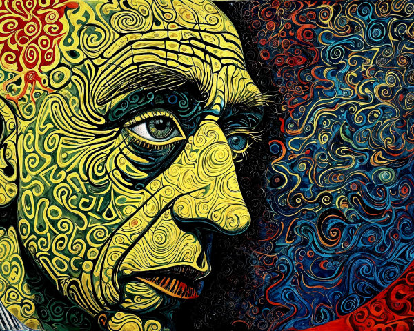 Abstract Portrait with Exaggerated Features in Colorful Hues