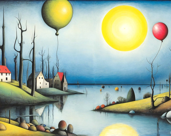 Whimsical Landscape with Balloons and Charming Houses