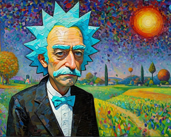 Character with Blue Spiky Hair in Vibrant Landscape