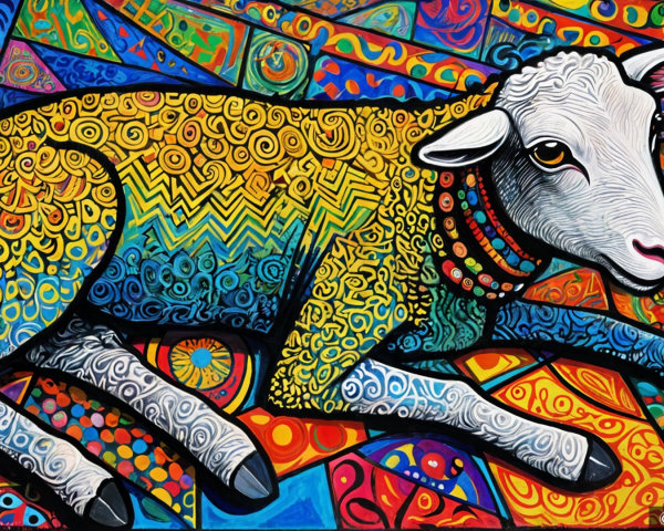 Colorful Stylized Sheep on Vibrant Patterned Background