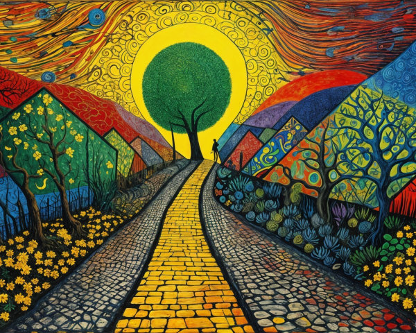 Vibrant Landscape with Cobblestone Path and Sun