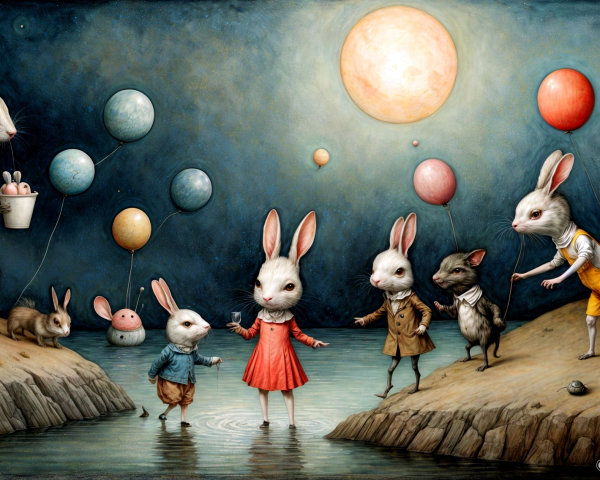 Anthropomorphic rabbits in whimsical moonlit gathering
