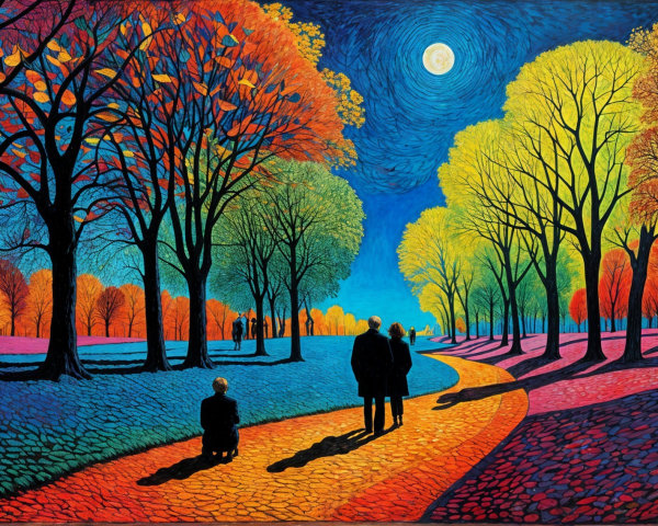 Vibrant Moonlit Landscape with Colorful Trees and Figures