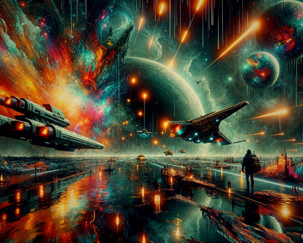 Majestic Cosmic Landscape with Spaceships and Nebulae
