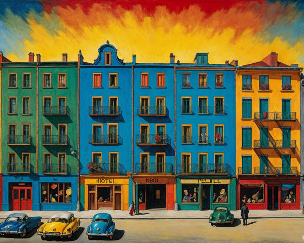 Vibrant Cityscape with Colorful Buildings and Sunset