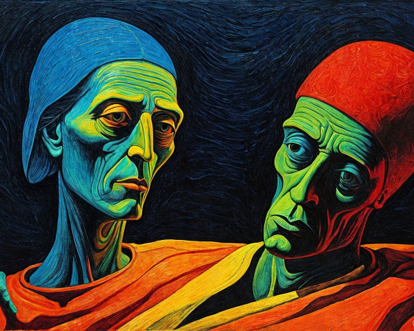 Figures with Elongated Faces in Vivid Colors