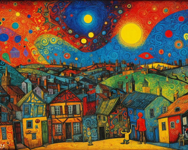 Whimsical Town Under a Blue and Gold Sky