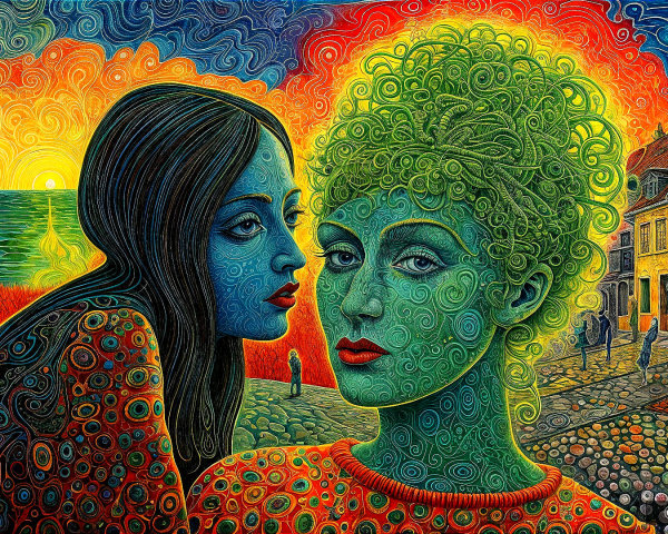 Stylized Figures Against Vibrant Sunset and Urban Scene